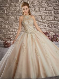 Champagne Ball Gowns Halter Top Sleeveless Tulle Brush Train Lace Up Beading and Appliques Sweet 16 Dress