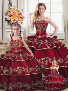 Wine Red Lace Up Sweetheart Embroidery and Ruffled Layers 15 Quinceanera Dress Satin and Organza Sleeveless