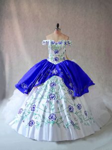 Spectacular Blue And White Ball Gowns Organza Off The Shoulder Sleeveless Embroidery and Ruffles Floor Length Lace Up Qu