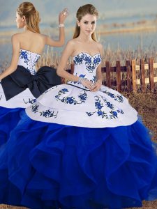 Sweetheart Sleeveless 15 Quinceanera Dress Floor Length Embroidery and Ruffles and Bowknot Royal Blue Tulle