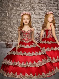 High End Wine Red Pageant Dress Wholesale Wedding Party with Appliques and Ruffled Layers Straps Sleeveless Lace Up