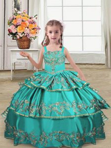 Gorgeous Sleeveless Satin Floor Length Lace Up Pageant Gowns For Girls in Turquoise with Embroidery and Ruffled Layers