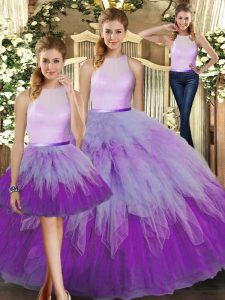 New Style Sleeveless Organza Floor Length Backless Sweet 16 Dresses in Multi-color with Ruffles