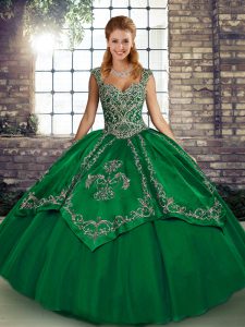 Chic Green Ball Gowns Beading and Embroidery 15th Birthday Dress Lace Up Tulle Sleeveless Floor Length