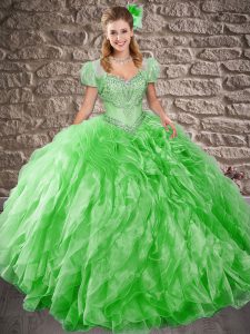 Organza Sweetheart Sleeveless Sweep Train Lace Up Beading and Ruffles 15th Birthday Dress in Green