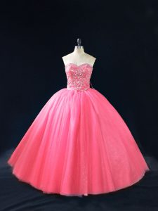 Hot Pink Side Zipper Quince Ball Gowns Beading Sleeveless Floor Length