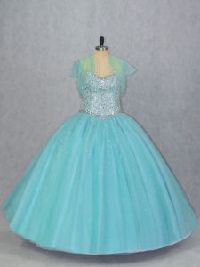Romantic Ball Gowns Ball Gown Prom Dress Aqua Blue Sweetheart Tulle Sleeveless Floor Length Lace Up