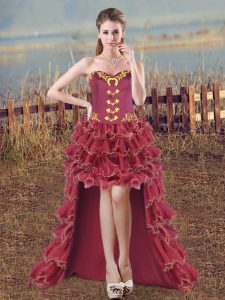 Unique Burgundy Sweetheart Lace Up Embroidery and Ruffles Prom Evening Gown Sleeveless