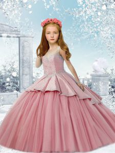 Hot Selling Lace Up Little Girls Pageant Dress Wholesale Watermelon Red for Wedding Party with Beading Brush Train