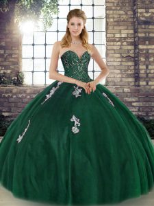 Trendy Green Ball Gowns Tulle Sweetheart Sleeveless Beading and Appliques Floor Length Lace Up Vestidos de Quinceanera