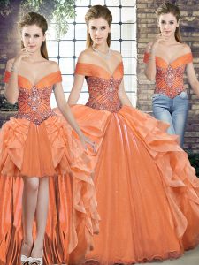 Attractive Orange Sleeveless Floor Length Beading and Ruffles Lace Up Ball Gown Prom Dress
