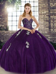 High Quality Floor Length Purple Quinceanera Gown Tulle Sleeveless Beading and Appliques