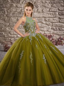 Gorgeous Olive Green Ball Gowns Halter Top Sleeveless Tulle Brush Train Lace Up Beading and Appliques Vestidos de Quince