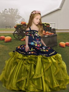 Perfect Olive Green Organza Lace Up Little Girl Pageant Gowns Sleeveless Floor Length Embroidery and Ruffles