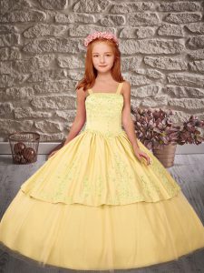 Gold Sleeveless Sweep Train Embroidery Kids Pageant Dress