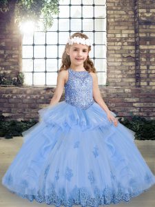 Floor Length Lace Up Child Pageant Dress Lavender for Party and Wedding Party with Appliques