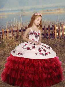 Glorious Red Ball Gowns Straps Long Sleeves Organza Floor Length Lace Up Embroidery and Ruffled Layers Child Pageant Dre