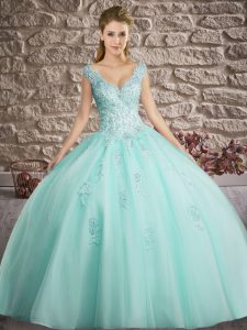 Apple Green Tulle Lace Up 15th Birthday Dress Sleeveless Floor Length Appliques