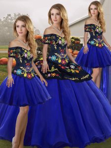 Floor Length Lace Up Quinceanera Dress Royal Blue for Military Ball and Sweet 16 and Quinceanera with Embroidery