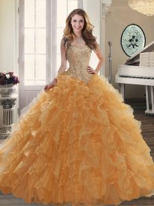 Gold Sweet 16 Dresses Military Ball and Sweet 16 and Quinceanera with Beading and Ruffles Sweetheart Sleeveless Brush Tr