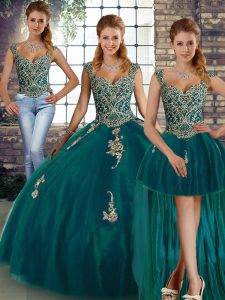 Peacock Green Tulle Lace Up Ball Gown Prom Dress Sleeveless Floor Length Beading and Appliques