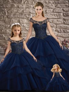 Navy Blue Sweet 16 Dress Military Ball and Sweet 16 and Quinceanera with Lace and Ruffled Layers Off The Shoulder Sleeve