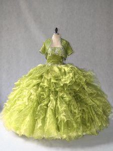 Glorious Olive Green Organza Lace Up Scoop Sleeveless Floor Length Ball Gown Prom Dress Beading and Ruffles