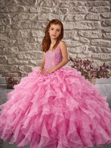 Rose Pink Pageant Gowns Straps Sleeveless Sweep Train Lace Up