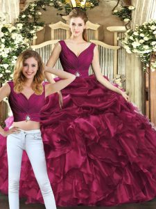 Floor Length Backless Quinceanera Dresses Burgundy for Sweet 16 and Quinceanera with Pick Ups