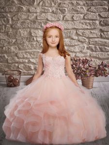 Tulle Straps Sleeveless Brush Train Lace Up Beading and Appliques and Ruffles Winning Pageant Gowns in Pink