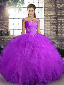 Purple Off The Shoulder Neckline Beading and Ruffles Quinceanera Gown Sleeveless Lace Up