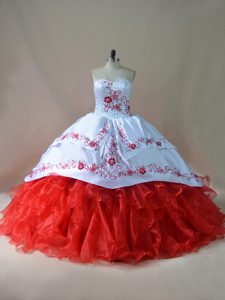 Court Train Ball Gowns Vestidos de Quinceanera White And Red Sweetheart Satin and Organza Sleeveless Lace Up