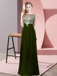 Latest Olive Green Chiffon Backless Prom Evening Gown Sleeveless Floor Length Beading