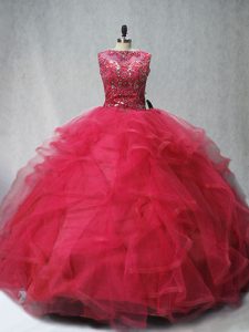 Pretty Sleeveless Tulle Brush Train Lace Up Vestidos de Quinceanera in Coral Red with Beading and Ruffles