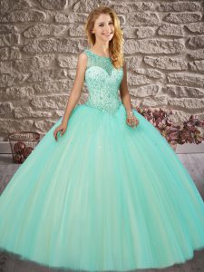 Fine Apple Green Ball Gowns Tulle Scoop Sleeveless Beading Backless Ball Gown Prom Dress Brush Train