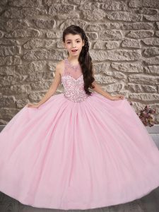 Ball Gowns Sleeveless Pink Little Girl Pageant Gowns Sweep Train Lace Up
