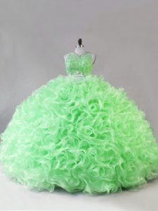 Nice Zipper Scoop Beading Quinceanera Gown Fabric With Rolling Flowers Sleeveless