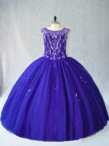 Extravagant Scoop Sleeveless Sweet 16 Dresses Floor Length Beading Royal Blue Tulle