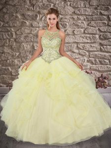 Lovely Tulle Sleeveless Vestidos de Quinceanera Brush Train and Beading and Ruffles
