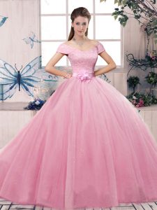 Rose Pink Off The Shoulder Neckline Lace and Hand Made Flower Quinceanera Dress Short Sleeves Lace Up