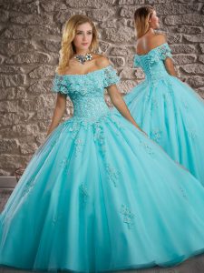 Brush Train Ball Gowns Sweet 16 Dresses Aqua Blue Off The Shoulder Tulle Short Sleeves Lace Up