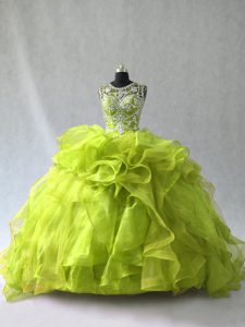 Custom Made Floor Length Lace Up Quinceanera Gowns Yellow Green for Sweet 16 and Quinceanera with Beading and Ruffles