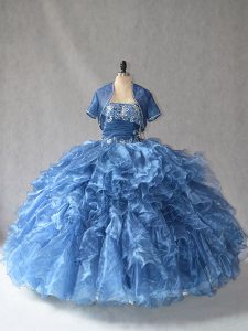 Glamorous Beading and Ruffles Sweet 16 Dresses Blue Side Zipper Sleeveless Floor Length