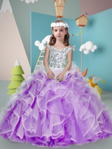Latest Floor Length Lavender Child Pageant Dress Off The Shoulder Sleeveless Zipper