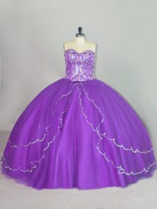 Purple Lace Up Ball Gown Prom Dress Beading and Sequins Sleeveless Brush Train