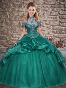 Sweet Dark Green Ball Gowns Halter Top Sleeveless Organza Floor Length Lace Up Beading and Ruffles Quince Ball Gowns