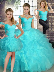 Sleeveless Organza Floor Length Lace Up Sweet 16 Quinceanera Dress in Aqua Blue with Beading and Ruffles