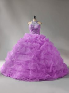 Lilac Sleeveless Organza Court Train Lace Up Quinceanera Dress for Sweet 16 and Quinceanera