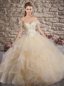 Champagne Quinceanera Gowns Military Ball and Sweet 16 and Quinceanera with Lace and Ruffles Sweetheart Sleeveless Brush