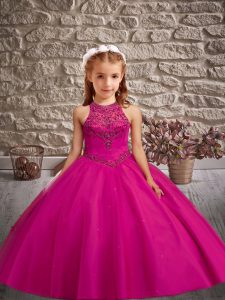 Hot Selling Fuchsia Ball Gowns Beading Little Girl Pageant Dress Lace Up Tulle Sleeveless